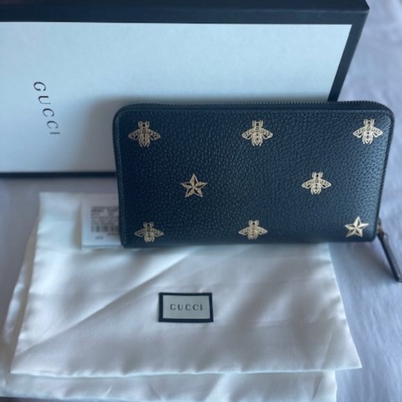 Gucci Black Leather Large Long Wallet Zip Around Gold Oro Bee Star Italy NEW - Picture 7 of 16